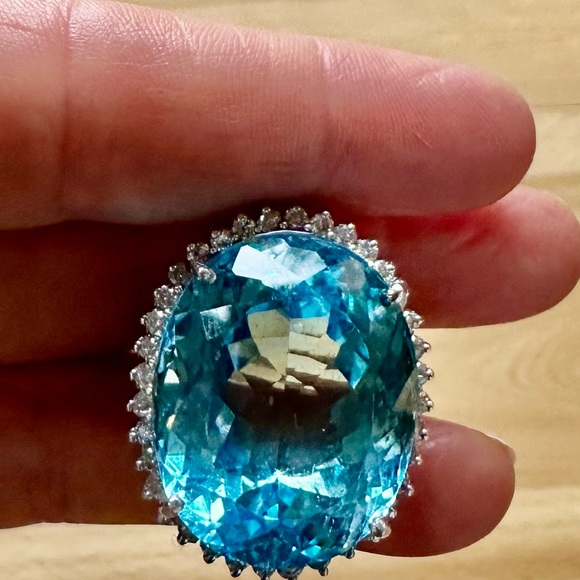 White Gold, London Blue Topaz with Diamonds Cocktail Ring - Picture 7 of 12